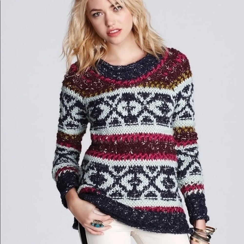 Free People Silver Reed Fair Isle Chunky
Knit Sweater- Size Large- Multicolored